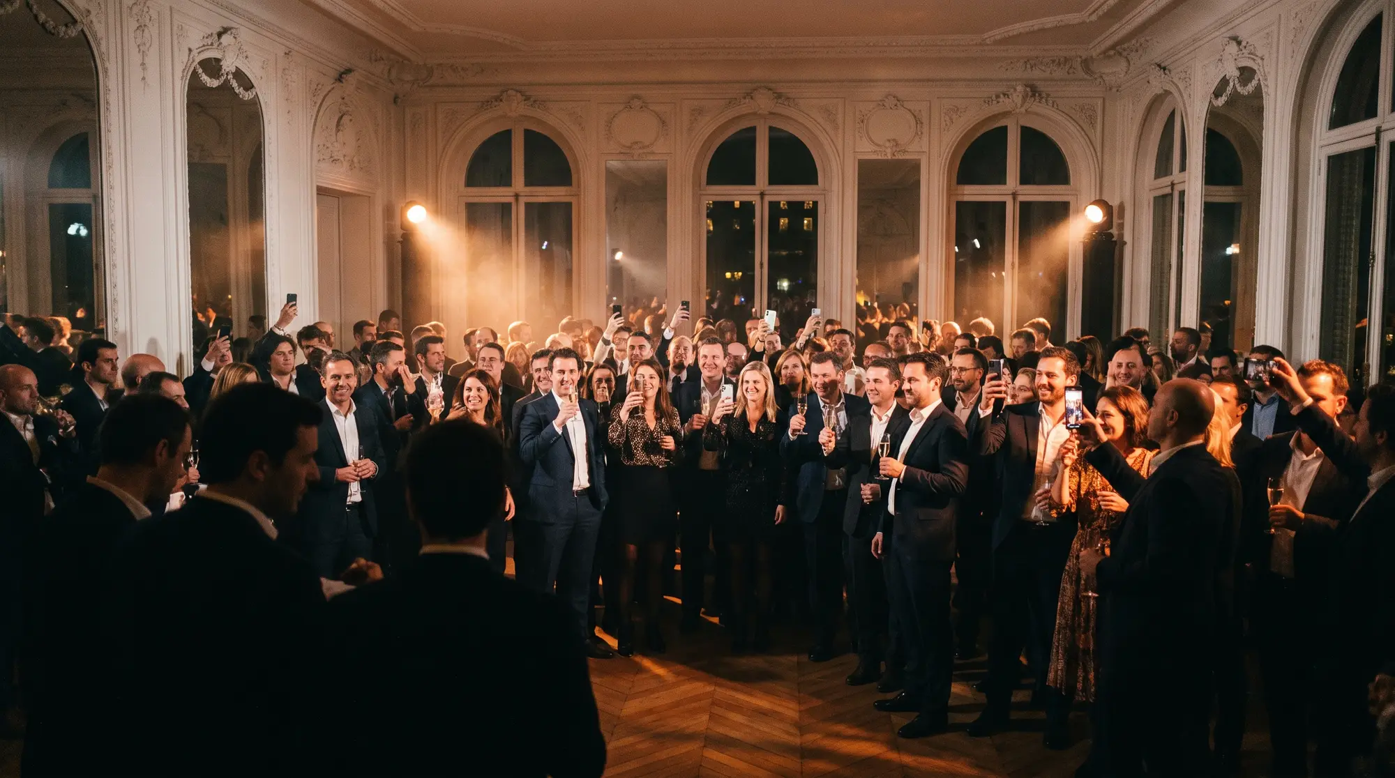 Soirée dans un salon haussmannien : sous les projecteurs, la foule lève son verre et filme le moment