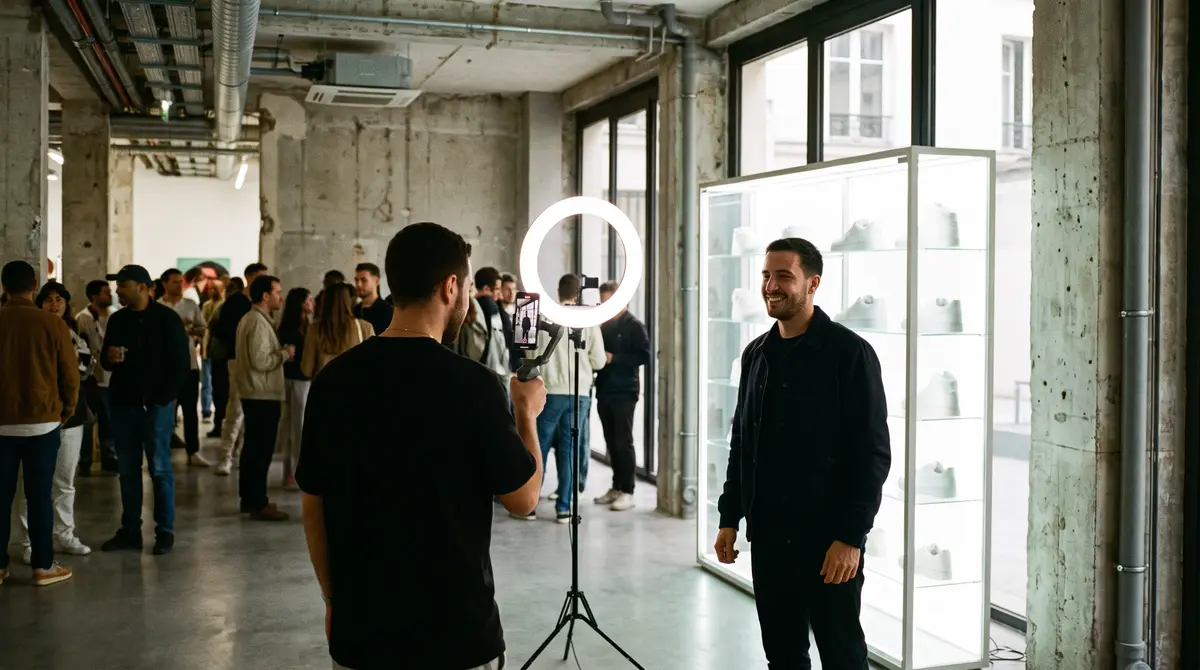 Un créateur de contenu filme au smartphone un invité souriant devant une vitrine de sneakers, sous un anneau lumineux
