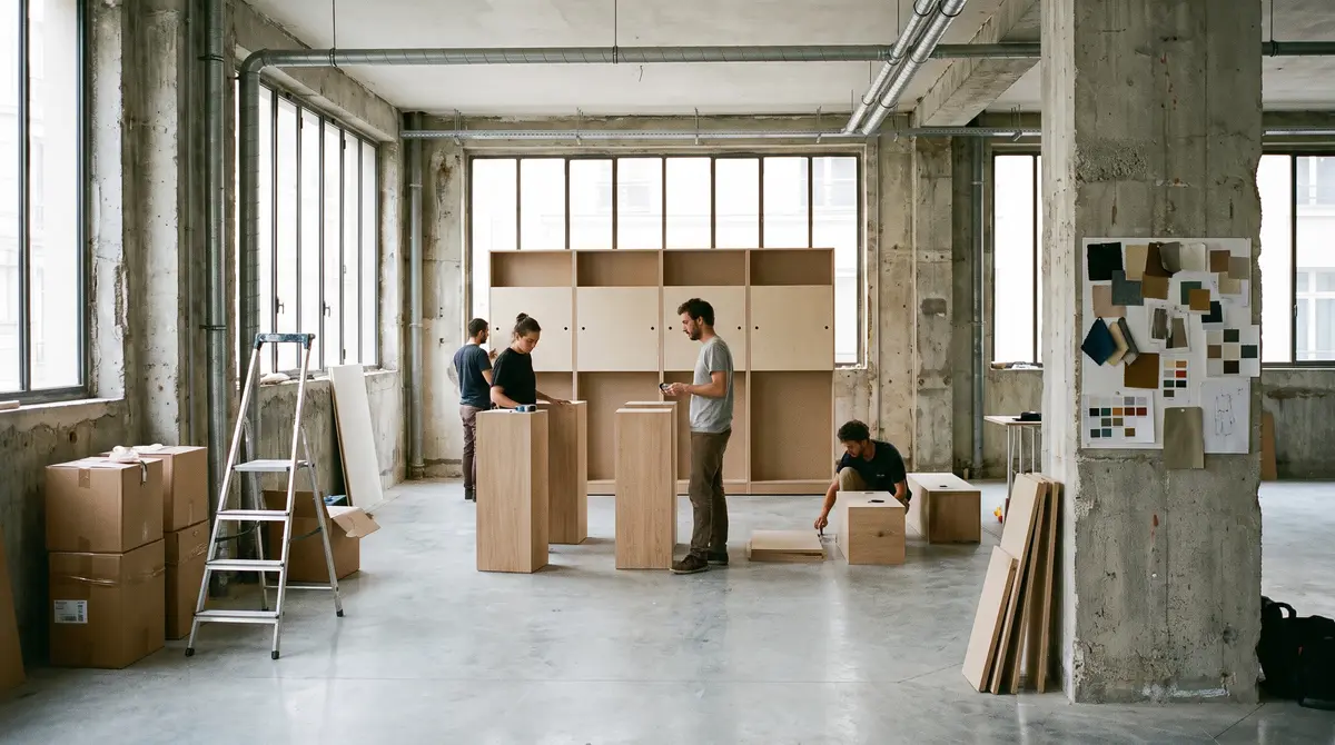 La veille, la même galerie en plein jour : l’équipe monte les socles et le mur de présentation, entre cartons, escabeau et moodboard épinglé à un pilier