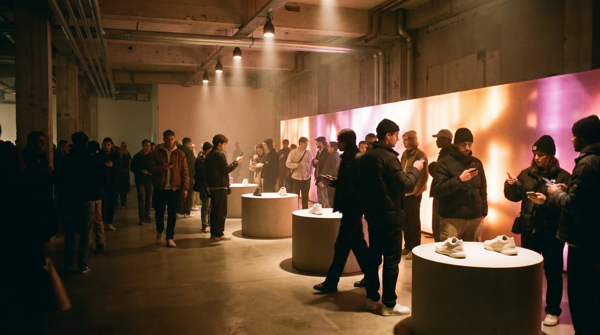Le soir de l’activation, dans une galerie en béton brut : la foule circule entre des socles de sneakers devant un mur lumineux rose et ambre