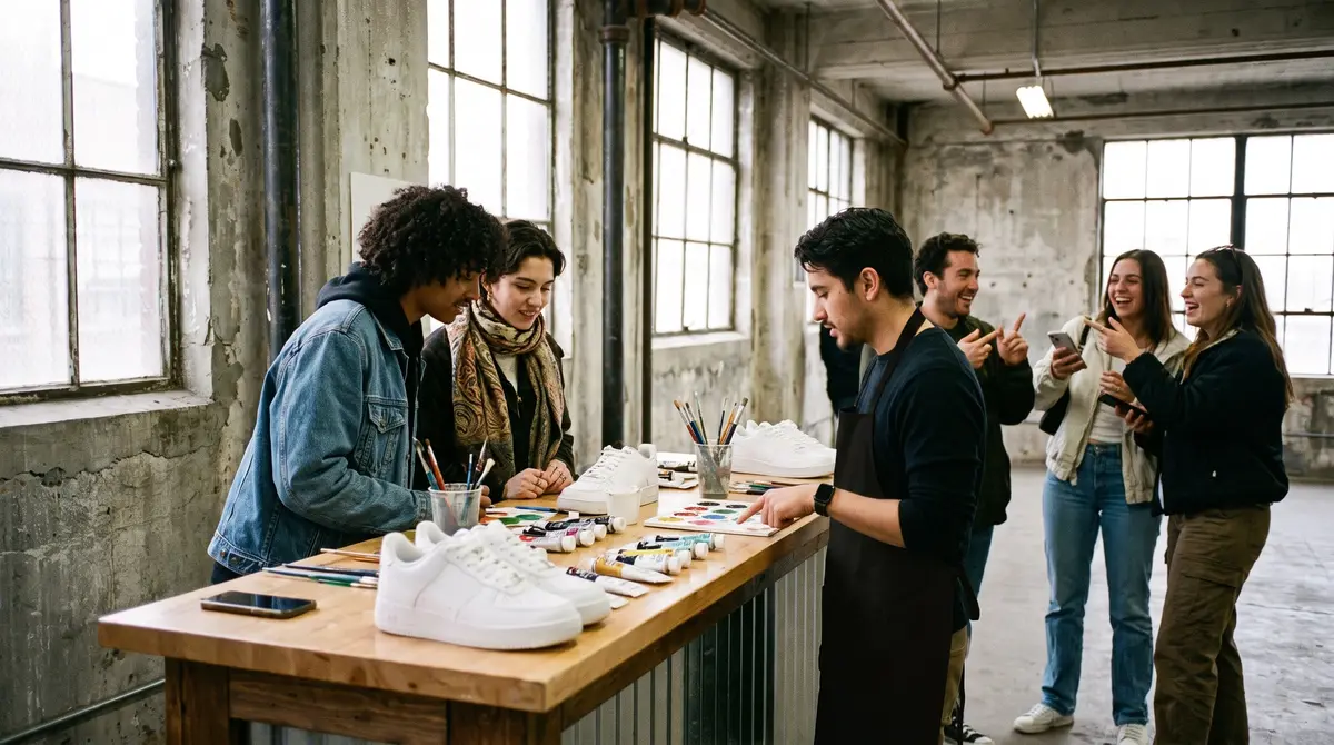 Atelier de personnalisation pendant l’activation : des invités rient autour d’une table de sneakers blanches, de pinceaux et de tubes de peinture, guidés par un animateur