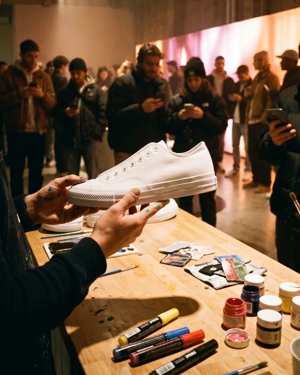 Des mains tachées de peinture tiennent une sneaker blanche à personnaliser, au-dessus d’un atelier de feutres et de patchs ; la foule derrière