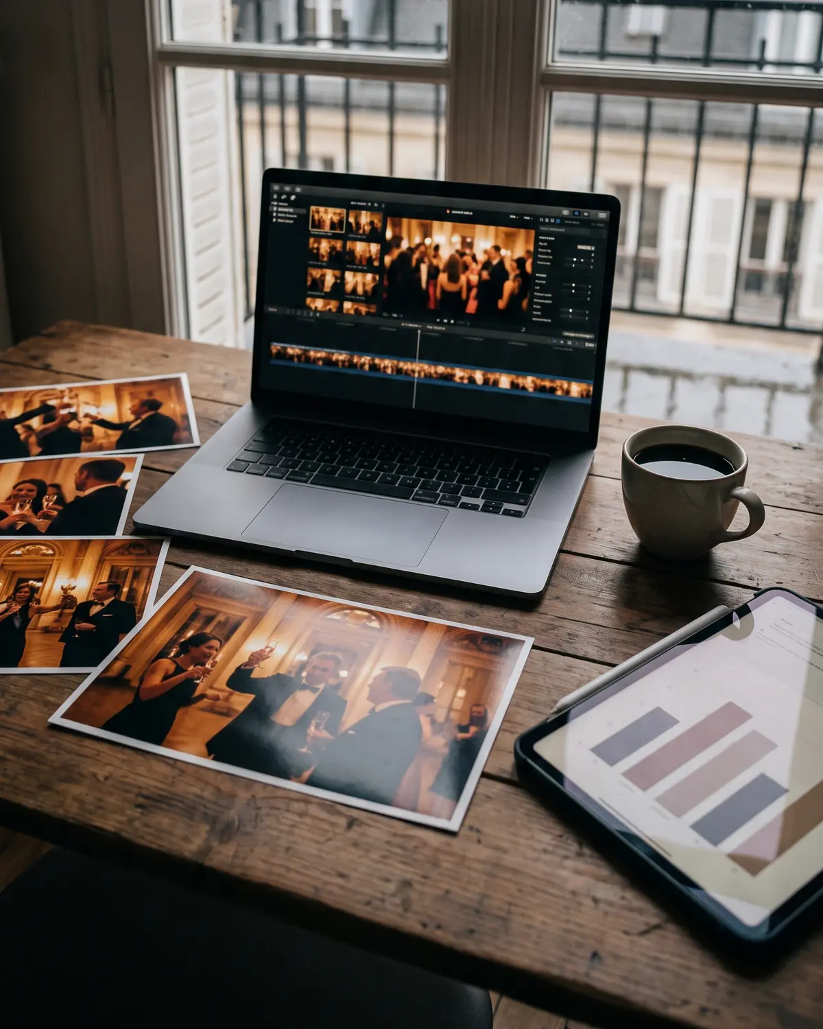 Le lendemain, sur un bureau face aux toits de Paris : l’aftermovie en montage, les photos imprimées de la soirée et le bilan en graphiques